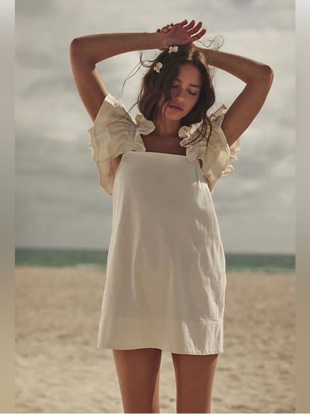 Free People Josie Mini Dress in White/ Cream size XL Ruffle Sleeve and Pockets